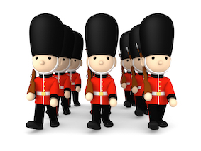 Queen's Guard in traditional uniform with gun, British soldiers on white, 3D illustration