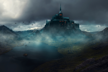 A,Castle,With,A,Fantasy,View,,Cloudy,And,Foggy a castle with a fantasy view, cloudy and foggy