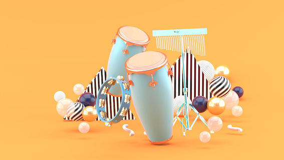 Percussion,On,Colorful,Balls,On,Orange,Background.-3d,Rendering. Percussion on colorful balls on orange background.-3d rendering.