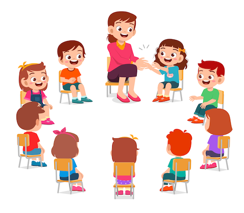Kids and teacher in circle clap Kids and teacher in circle clap